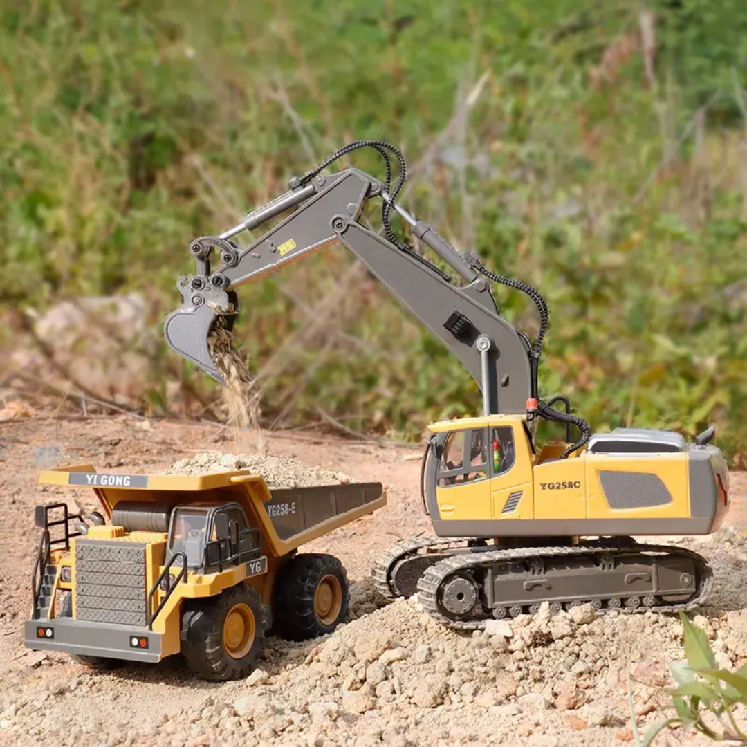 precision rc mighty excavator loading dump truck 